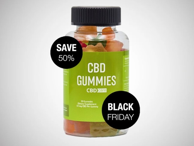 May be an image of text that says "SAVE 50% CBD GUMMIES CBD) CBDcare care DietarySupplement Supplemer 30Gummles Dietary 10mg BD 10myCoDPerGumimy Pey Gamimy BLACK FRIDAY"