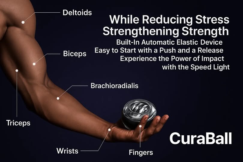 May be an image of 1 person and text that says "Deltoids Biceps While Reducing Stress Strengthening Strength Built-In Automatic Elastic Device Easy to Start with a Push and a Release Experience the Power of Impact with the Speed Light Brachioradialis Triceps Wrists Fingers CuraBall"