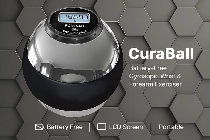 May be an image of text that says "18593 FCN/CLR BATTERY BATTERYFREE ATTERY EREE FREE CuraBall Battery-Free Gyrosopic Wrist & Forearm Exerciser Battery BatteryFree Free LCD Screen Portable"